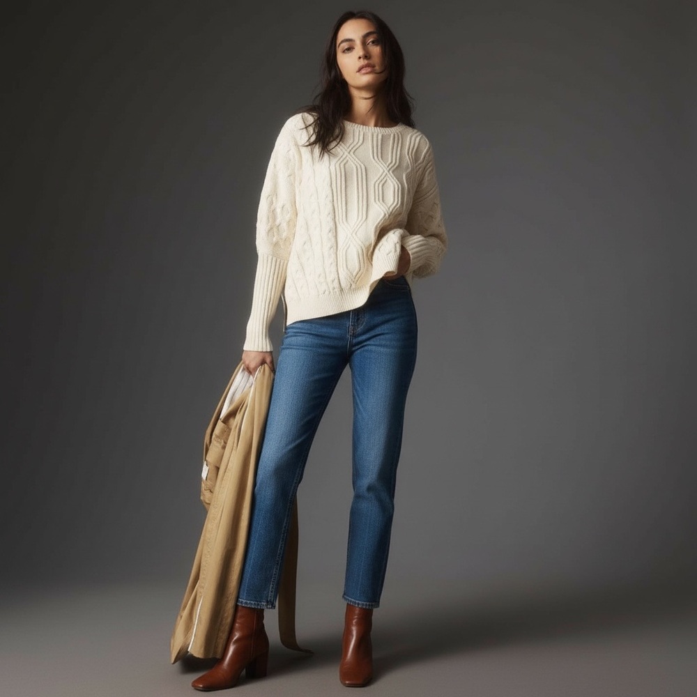 Anthropologie Maeve Cableknit Sweater Ivory XXS Dolman Sleeve Knit Wool Blend